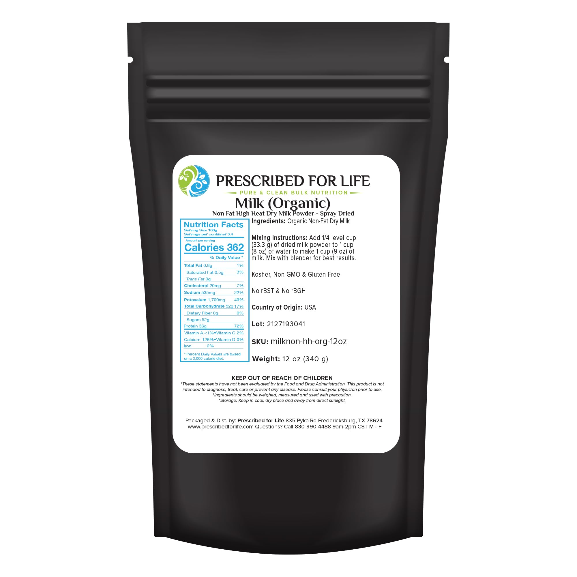 Prescribed For Life Organic Milk Powder (Non-Fat High Heat), Hormone Free, Non GMO Dry Milk Powder, USDA Grade A Kosher (12oz / 340g)