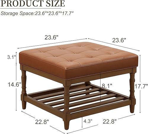 Miniatura 2 de UEV Juego de 2 mesas de centro otomanas de cuero, tapizadas cuadradas, reposapiés otomana, mesa de centro moderna de mediados de siglo con marco de