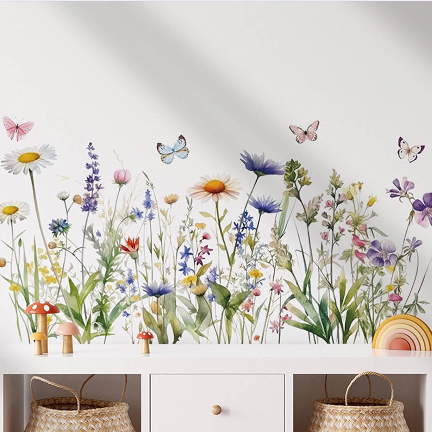 Wildflower Grass Daisy Wall Decals, Garden Floral Butterflies Flower Wall Stickers, BWCXXZH Self-Adhesive Wall Art Stickers for Girls Bedroom Living Room Nursery Decor