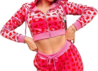 Women's 2 Piece Velour Tracksuit Set Rhinestone Heart Print Zip Up Crop Hoodies Mini Skirt Y2k Sweatsuit Sets