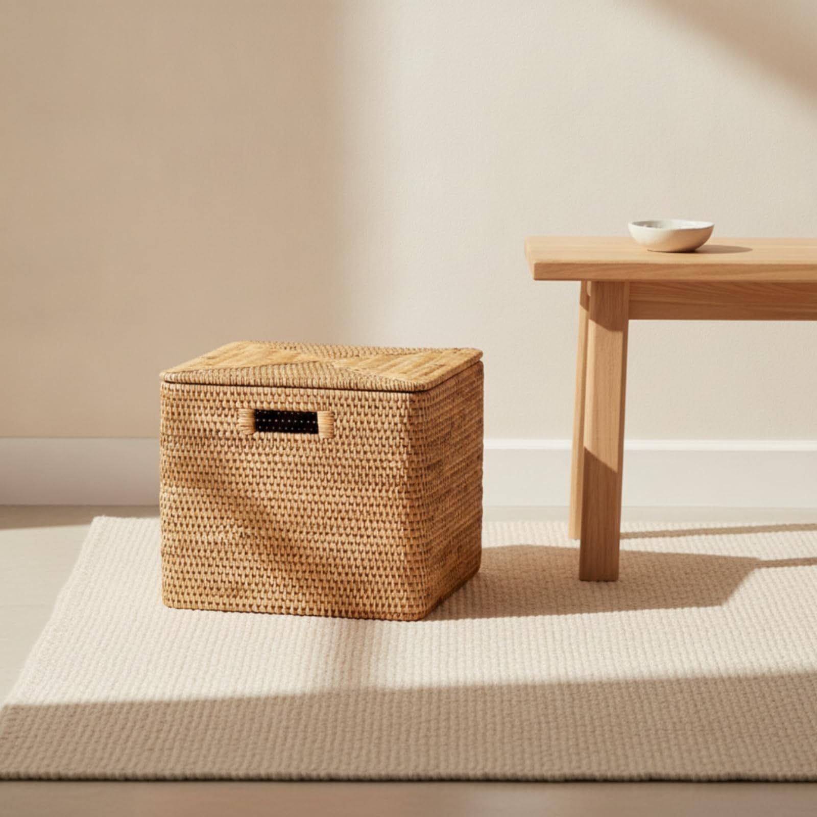 Baúl Mimbre Caja Almacenaje Cuadrada Resistente Caja con Tapa Decorativa para Dormitorio, Caja Cuadrada Japonesa De Ratán, Grande, 43 28 35cm