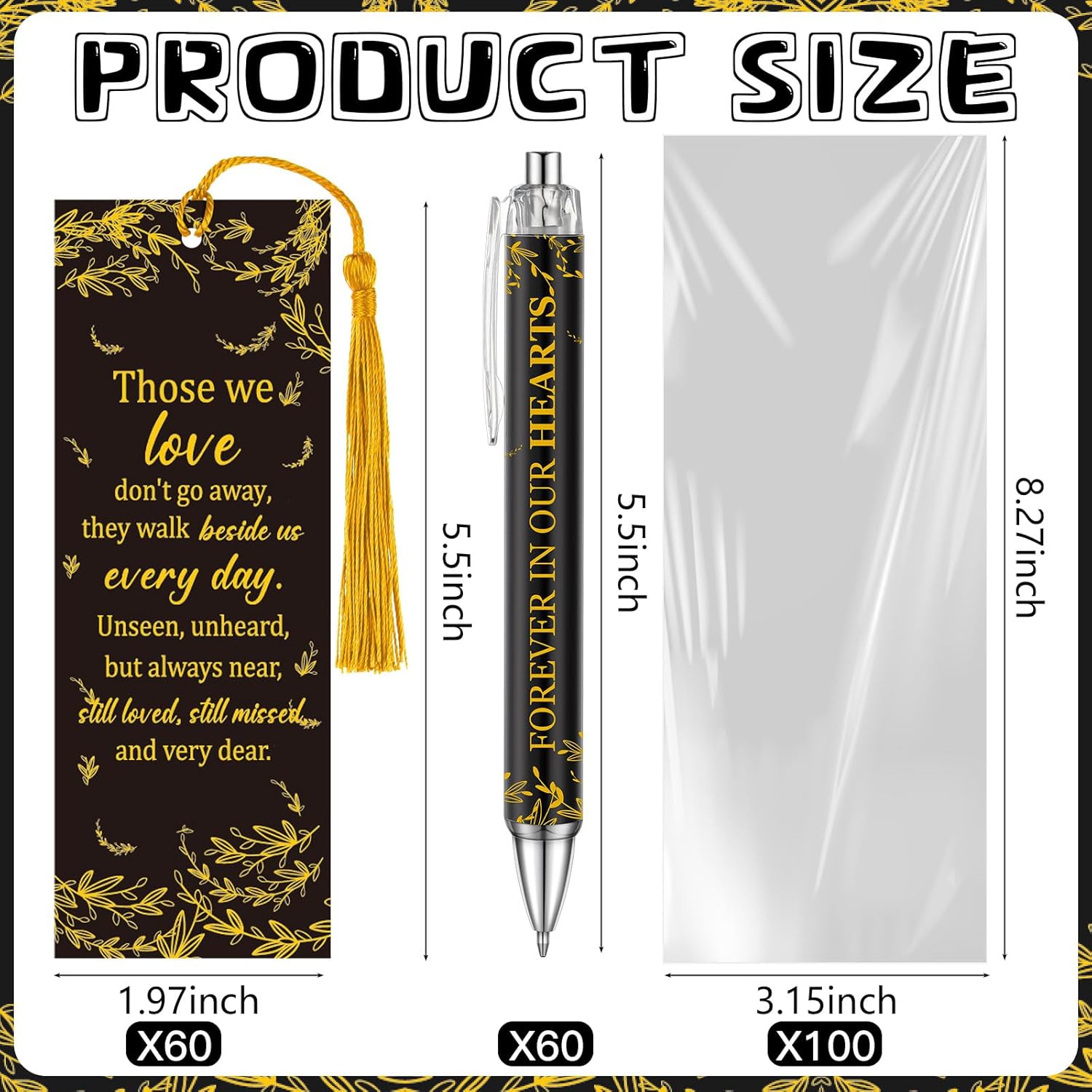 Sayglossy 60 Set Memorial Funeral Favors for Guests Funeral Favors for a Memorial Service Ballpoint Pens and Poem Prayer Bookmarks Celebration of Life Condolence Bereavement Gift(Black Gold)