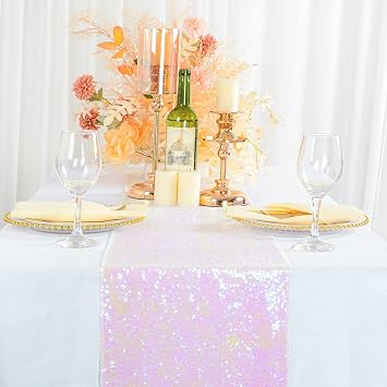 ShinyBeauty Iridescent White Sequin Table Runner - 2-Pack, 12x108 Inch | Glittery Decor for Weddings, Parties & Events