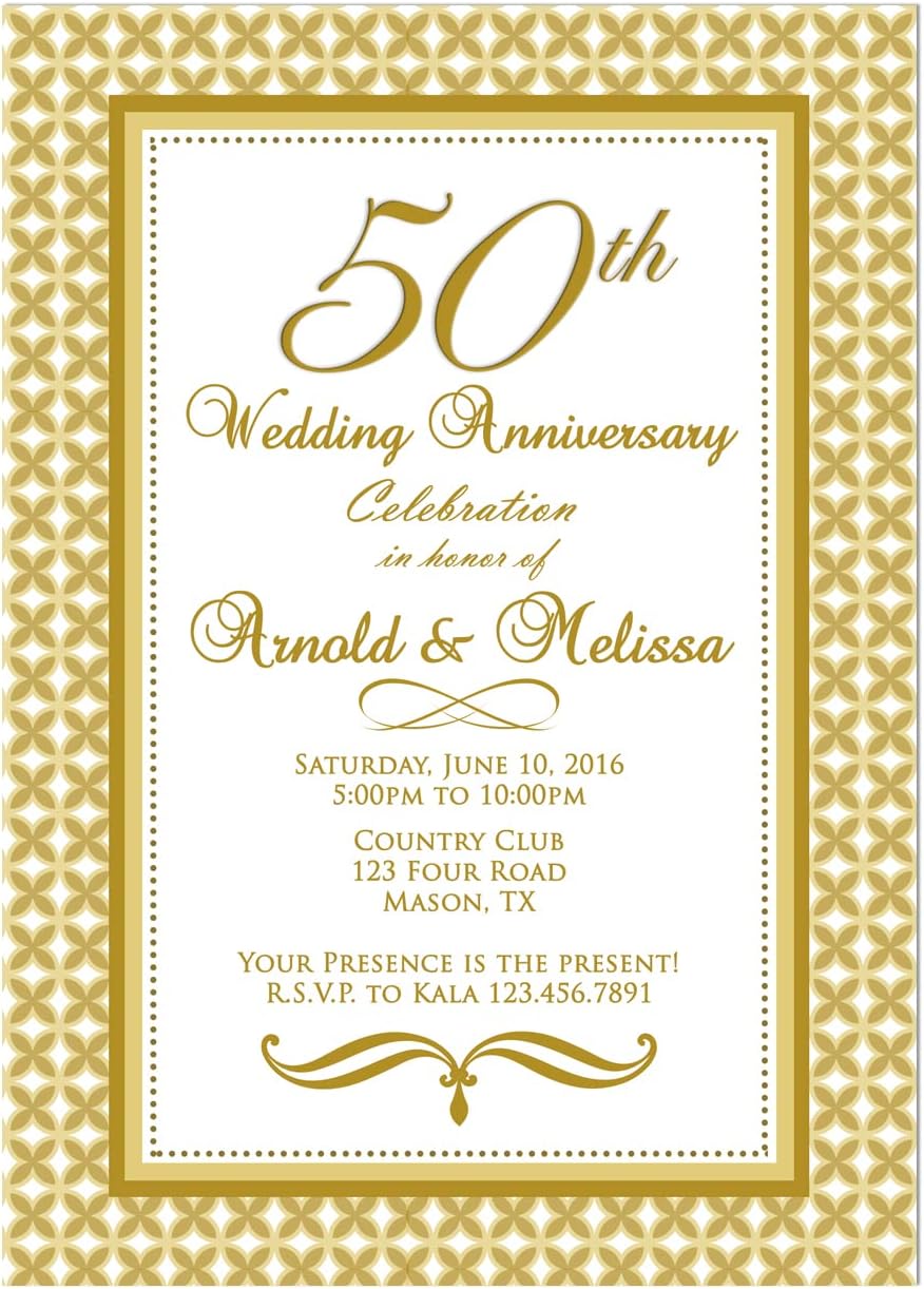 Elegant Swirl 50th Anniversary Invitation in Gold, Golden Art Deco Vow Renewal Party Invites, personalized with envelopes