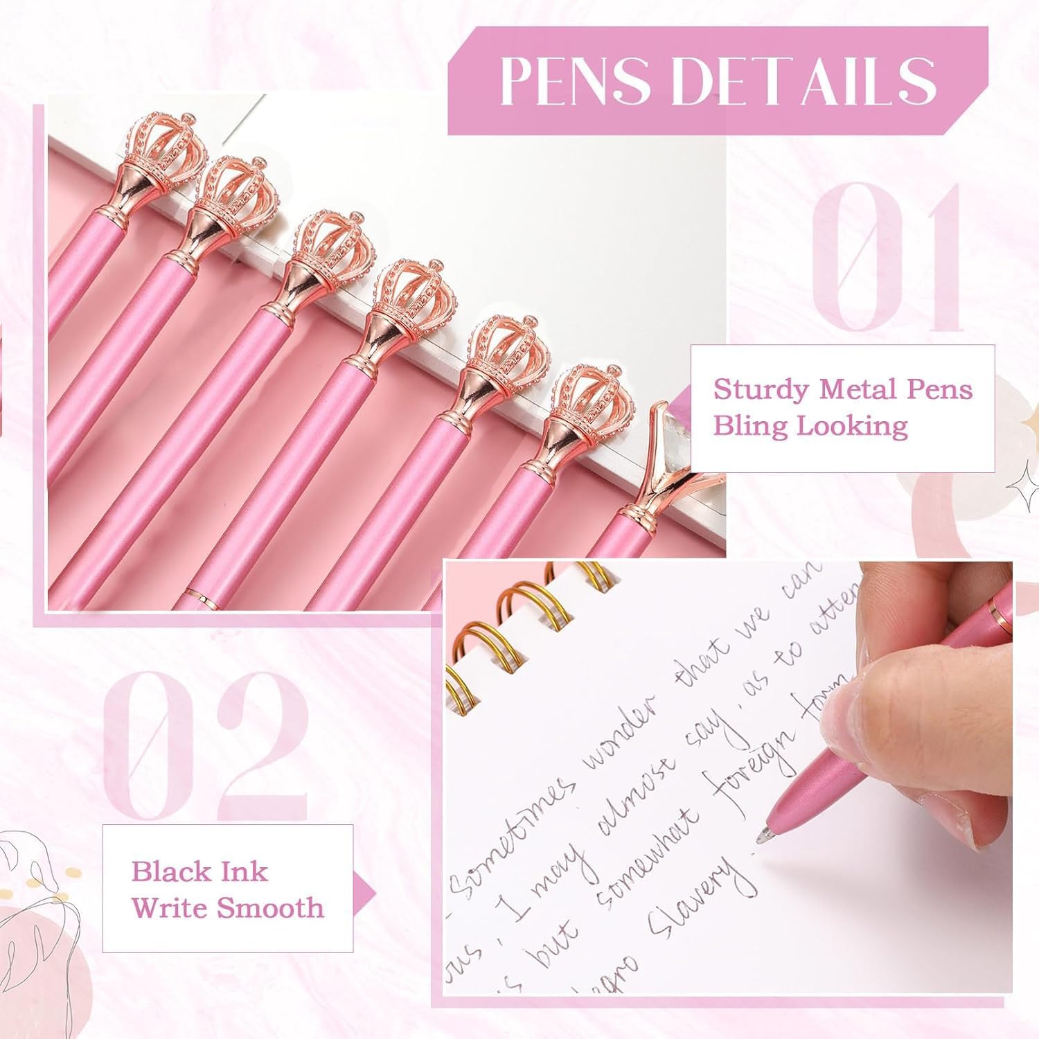 Lot de 24 stylos à bille en métal scintillant pour anniversaire de mariage, cadeau d'anniversaire, fête prénuptiale, fournitures scolaires et de bureau (couronne rose, 24)