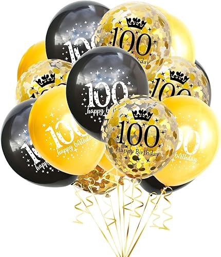 Miniatura 1 de SHUNTAI Globos de cumpleaños número 100, decoraciones de fiesta doradas y negras, globos de látex de confeti para mujeres y hombres, suministros de