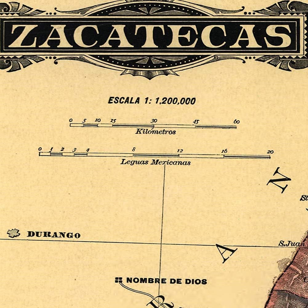 Antiguos Maps Estado Libre y Soberano de Zacatecas from Atlas Mexicano circa 1884 | Art Print Poster Vintage Wall Decor | 24 x 24 inches (610 mm x 610 mm)