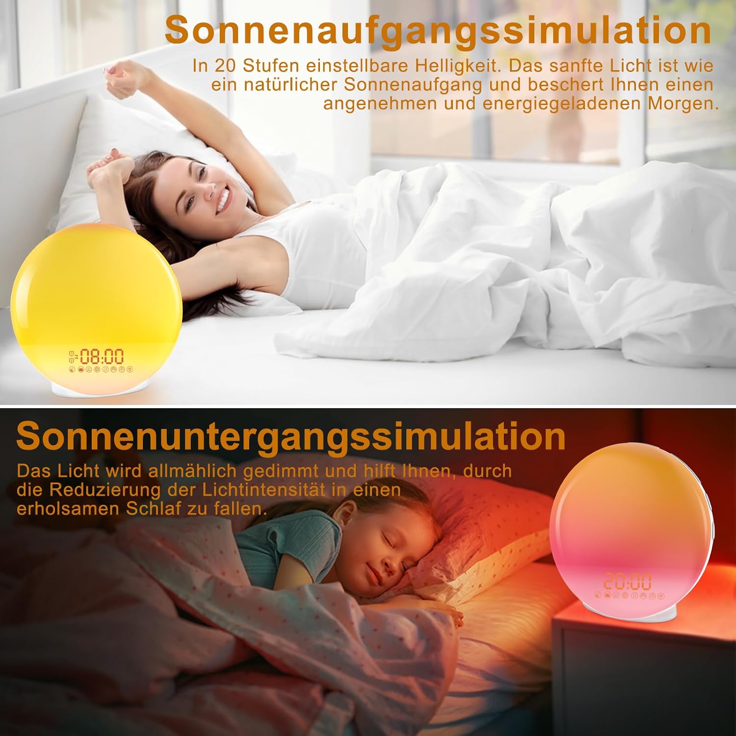 Top image shows a person waking up with a yellow sunrise simulation light. Bottom image shows a child sleeping with an orange sunset simulation light.