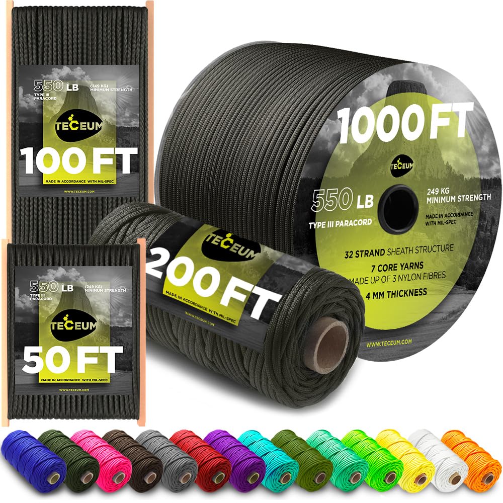 TECEUM 5/32" Paracord Rope 1000 – 1000ft / 200ft / 100ft / 50ft – Tactical Parachute Cord 4mm – 45+ Colors – Nylon String for Survival & Camping Gear – Stripe Cord for Survival – Utility Rope