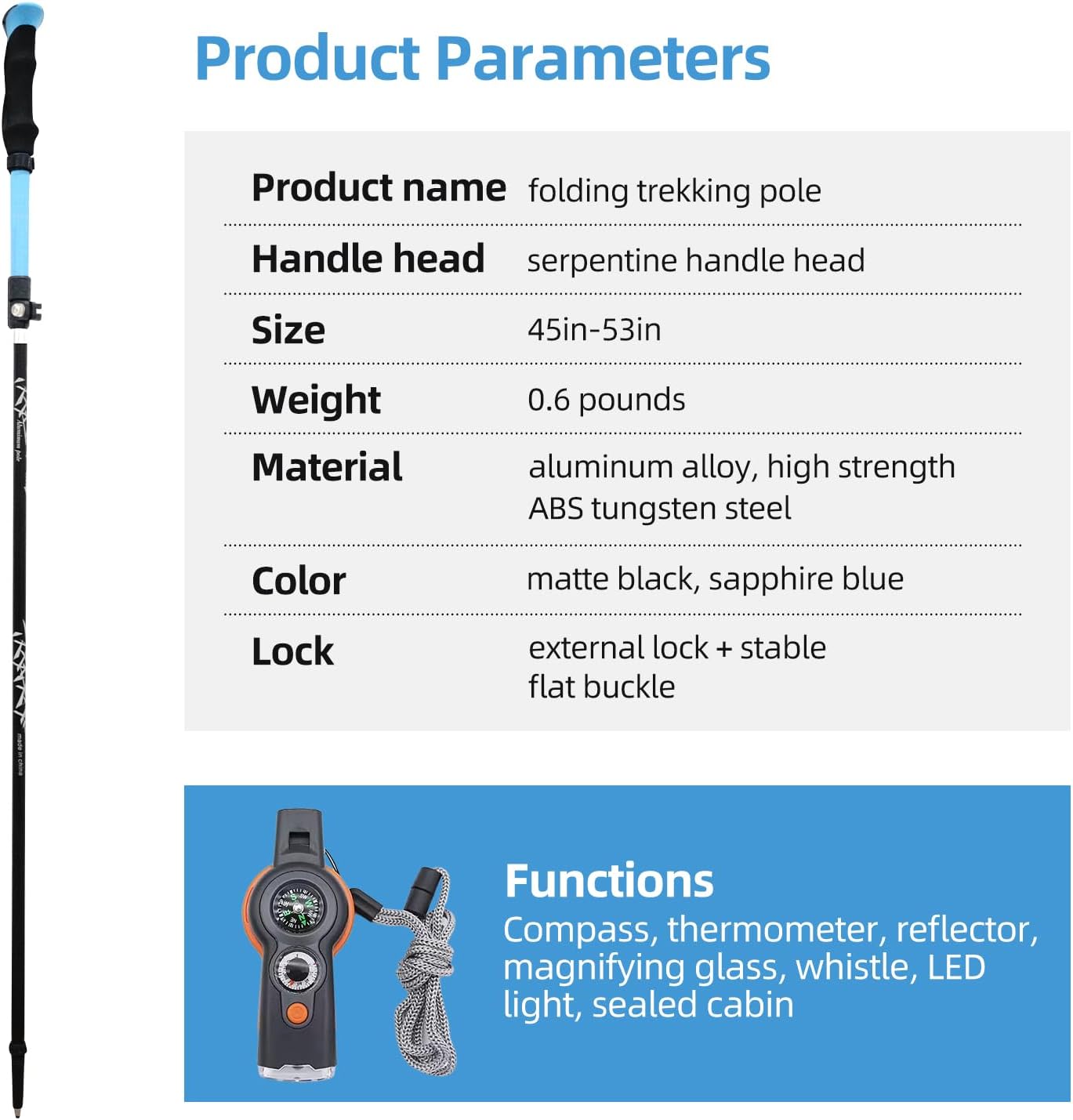 Folding Trekking Poles with an Outdoor Compass, Adjustable Rod Length，Lightweight & Foldable Walking Sticks for City Streets, Snowy Rerrain & Mountain Climbs, Durable Trekking Gear for Men and Women