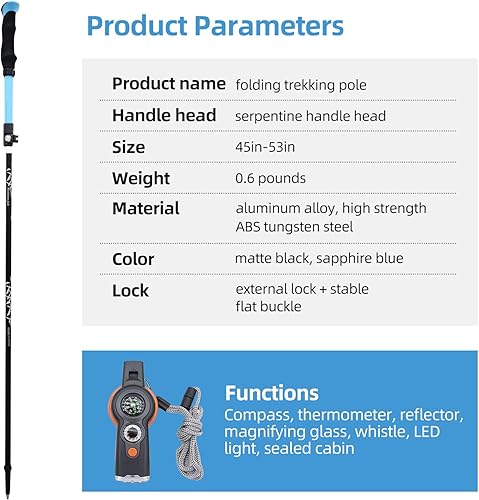 Miniatura 6 de Bastón de senderismo plegable de tres secciones para hombres y mujeres hecho de aleación de aluminio de grado aeronáutico de 43 pulgadas de largo
