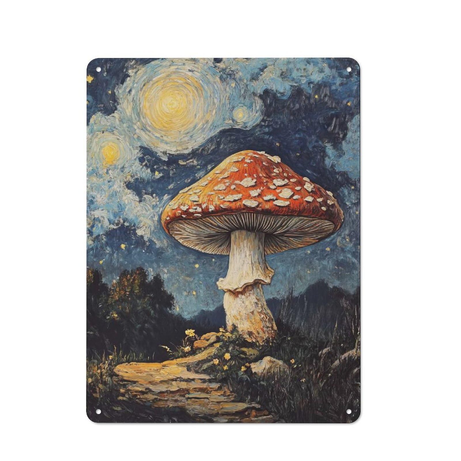 Mushroom Under Starry Night Vintage Metal Wall Decor 40x30cm, Garage Metal Sign for Workshop, Basement, Shed Or Games Room