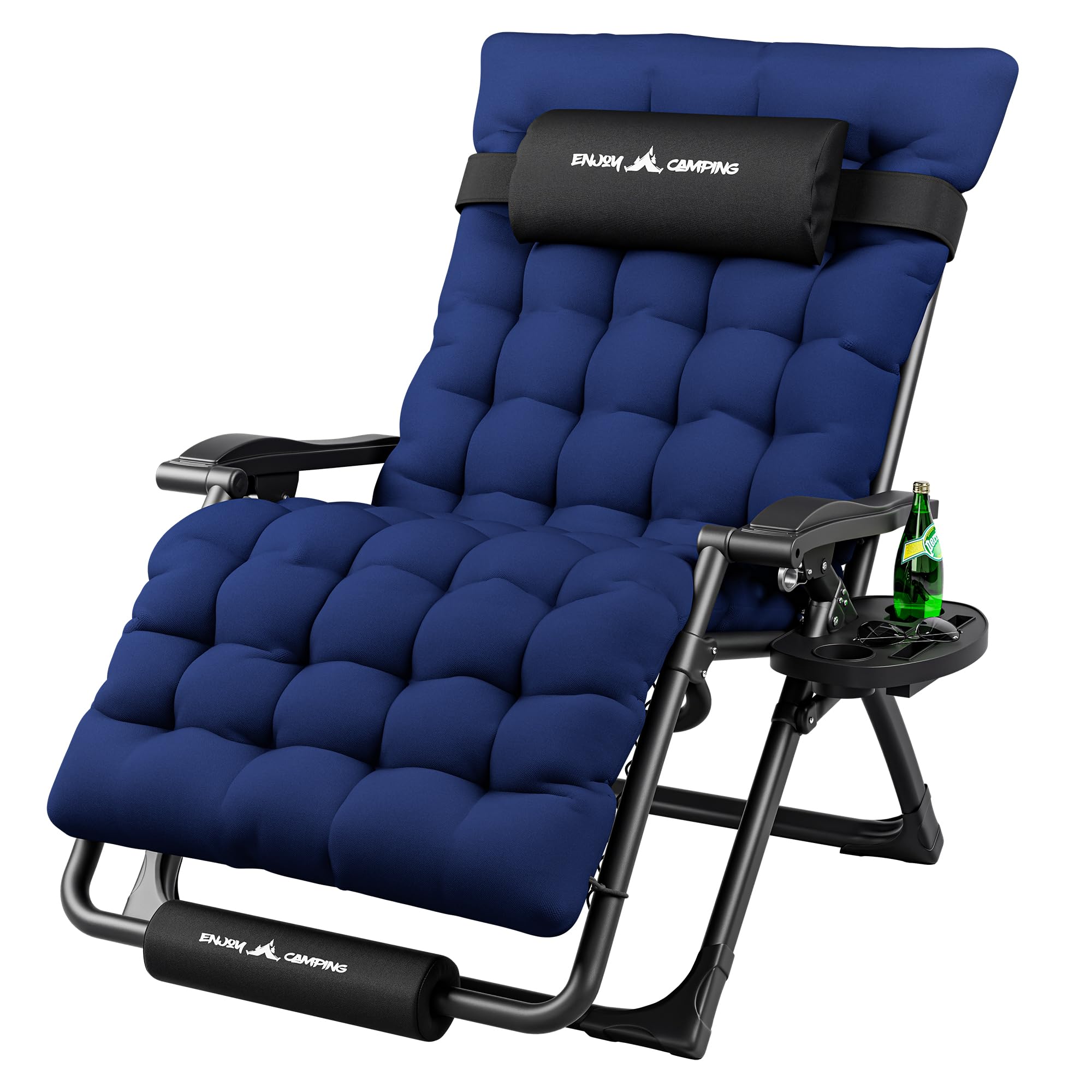 UDPATIO Sedia a sdraio pieghevole con supporto per bevande, sedia da giardino con cuscino, sedia a sdraio, extra grande, schienale regolabile (blu marino, misura XX)
