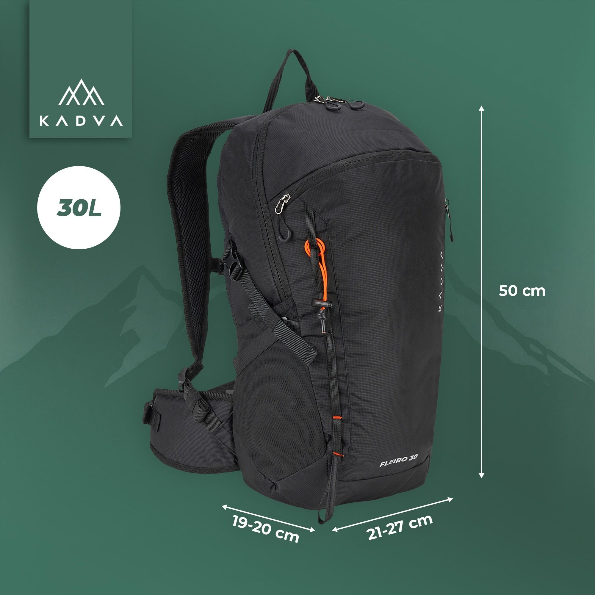 KADVA Fleiro 30L Mochila de Senderismo con Portaequipajes, Funda para Lluvia, Compresión, Bolsillos, Cinturón de Cadera, Organizador, Trekking y Montañas.