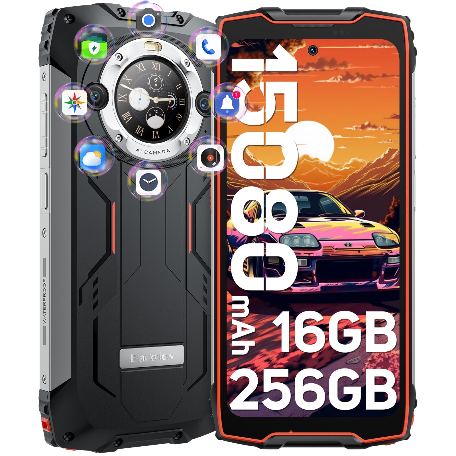 Blackview Rugged Smartphone BV9300Pro con Secondario Schermo, 15080mAh/33W, 16GB+256GB(1TB TF), Helio G99, 6.7'' FHD+/120Hz, 64MP+32MP, Android 13, NFC, Fingerprint, Face ID, Torcia Elettrica da 100LM