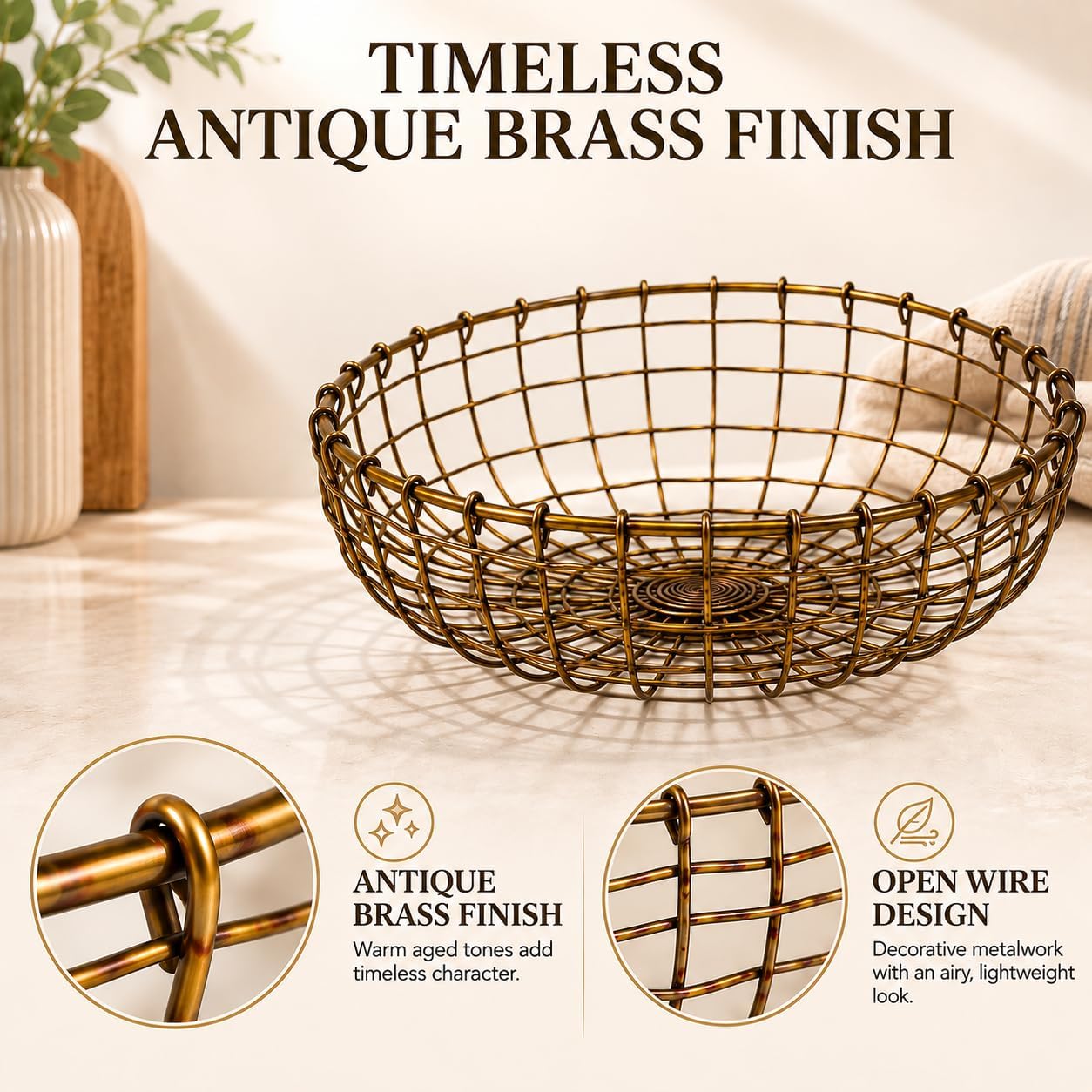 Wire Fruit Basket for Kitchen Counter, 10.2 Inch Rustic Metal Fruit Bowl