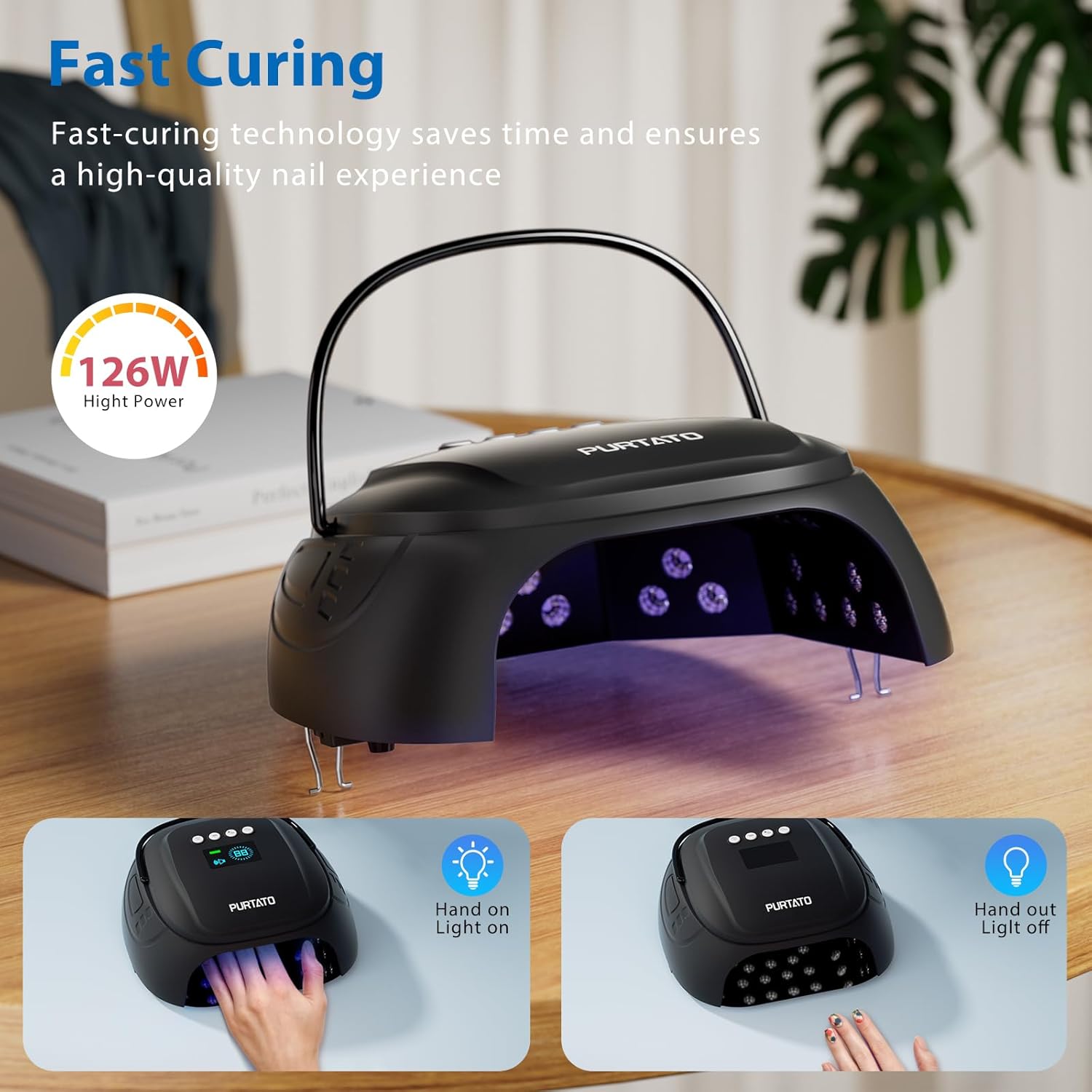 126W Cordless Rechargeable UV LED Nail Lamp with Large Space, Handle and Foot Rest, Fast Curing Gel Nail Dryer with 4 Timers for Salon and Home (Matte Black)