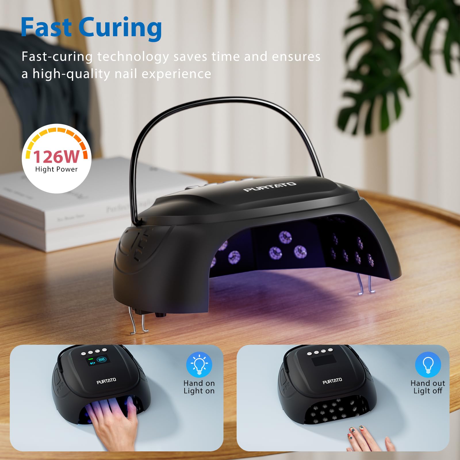 Purtato Wiederaufladbare UV Nagellampe, UV Licht für Gelnägel mit 4 Timer-Einstellungen, 126W Professioneller Schnell Aushärtender Nageltrockner für Gelpolitur für Salon oder Zuhause (Schwarz)