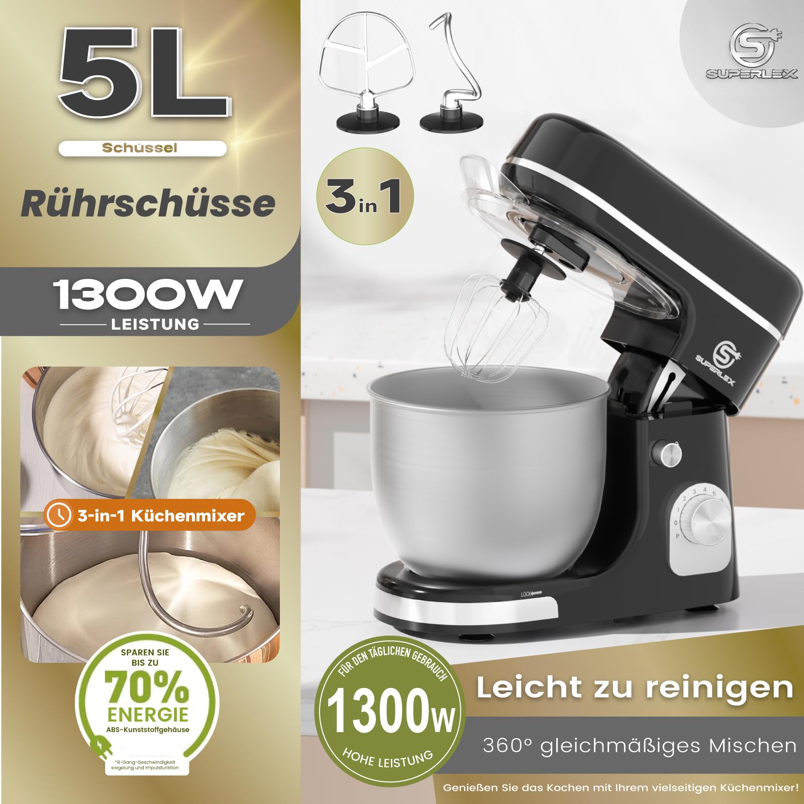 Küchenmaschine 1300W 3 in 1 - Teigmaschine mit 5L Edelstahl-Rührschüssel, Knetmaschine Brotteig, inkl. Knethaken, Rührbesen, Schneebesen, Spritzschutz, 8 Geschwindigkeiten, für Gebäck,Schwarz