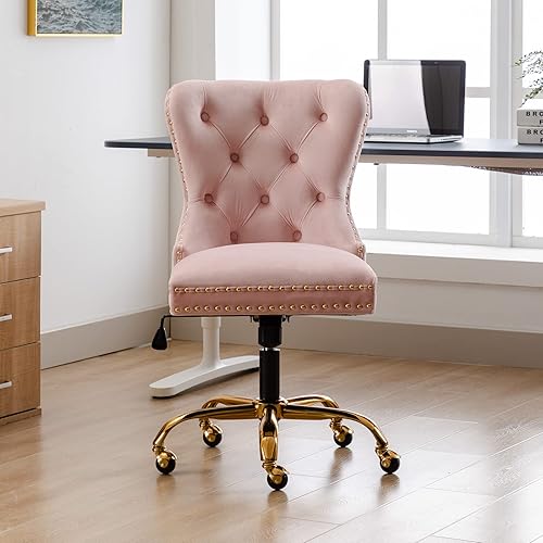 Miniatura 7 de QUINJAY - Silla de escritorio de terciopelo para oficina en casa, silla de escritorio giratoria ajustable tapizada con base dorada, silla de
