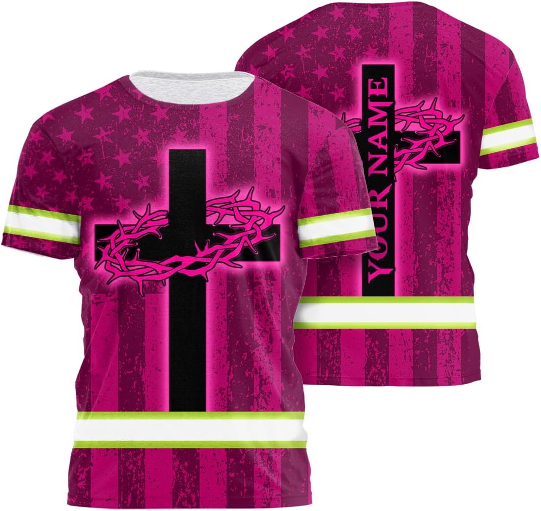 US Flag with Neon Color High Visibility Shirt for Men Women Custom Name Reflective Safety Shirts for Workers
