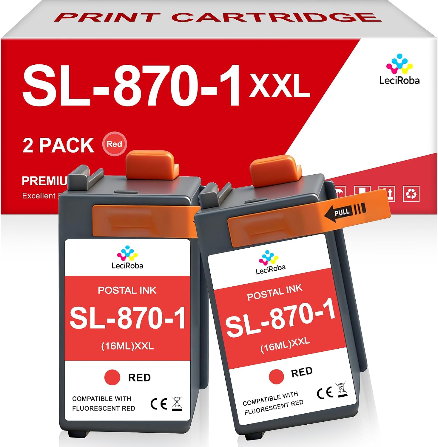 LeciRoba 2-Pack SL-870-1 XXL Compatible Fluorescent Red Ink Cartridge Replacement for Pitney Bowes SL870-1 for the PB New SendPro Mailstation Postage Meter (CSD1) – High Yield 16ml