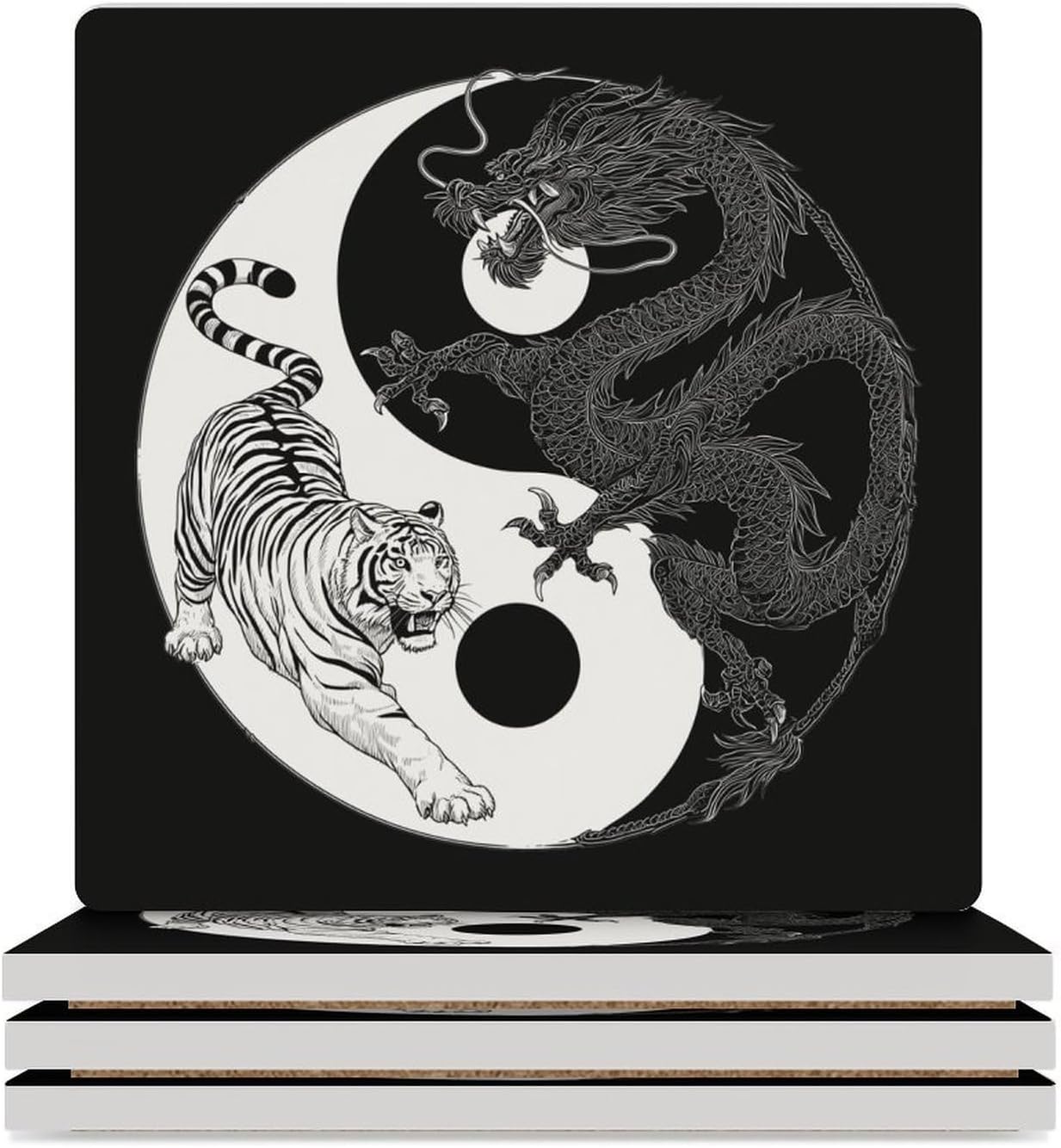 Yingyang Dragons Tiger Coaster for Drinks Square Ceramic Table Coasters Stone Mat Crafts 4PCS Home Kitchen Decor