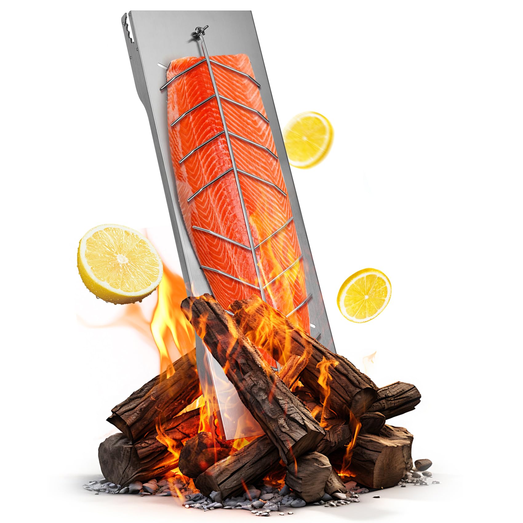 onlyfire Flammlachsbrett Edelstahl, Extra Breit 19cm Flammlachshalter, Lachsbretter zum Grillen Feuerschale und Kugelgrill, Robustes Lachsbrett, 180° Drehbar, Groß Flammlachs Halterung