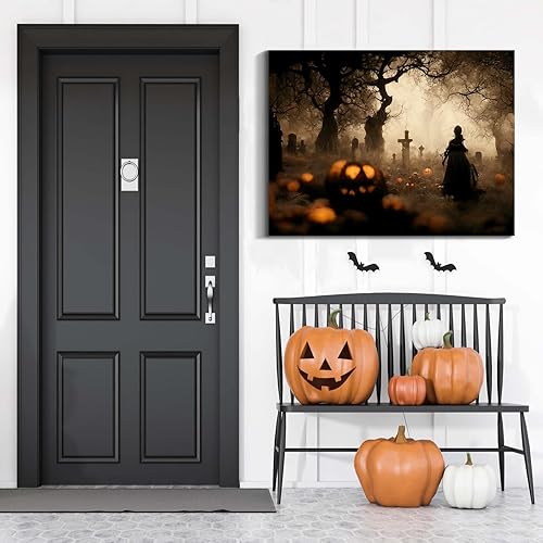 Miniatura 53 de Denozer Lienzo decorativo para pared de Halloween, castillo de terror de 32 x 24 pulgadas, decoración de pared de luna, decoración de otoño de Obra