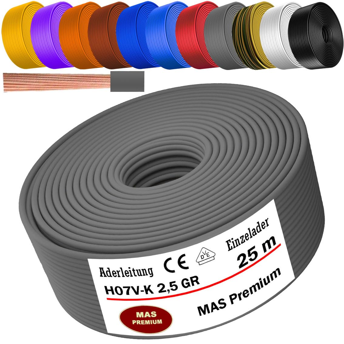 Cable de 5 a 100 m H07 V-K 2,5 mm², negro, azul claro, verde/amarillo, rojo, azul oscuro, marrón, naranja, gris, blanco, morado o amarillo, cable individual flexible (gris, 25 m).