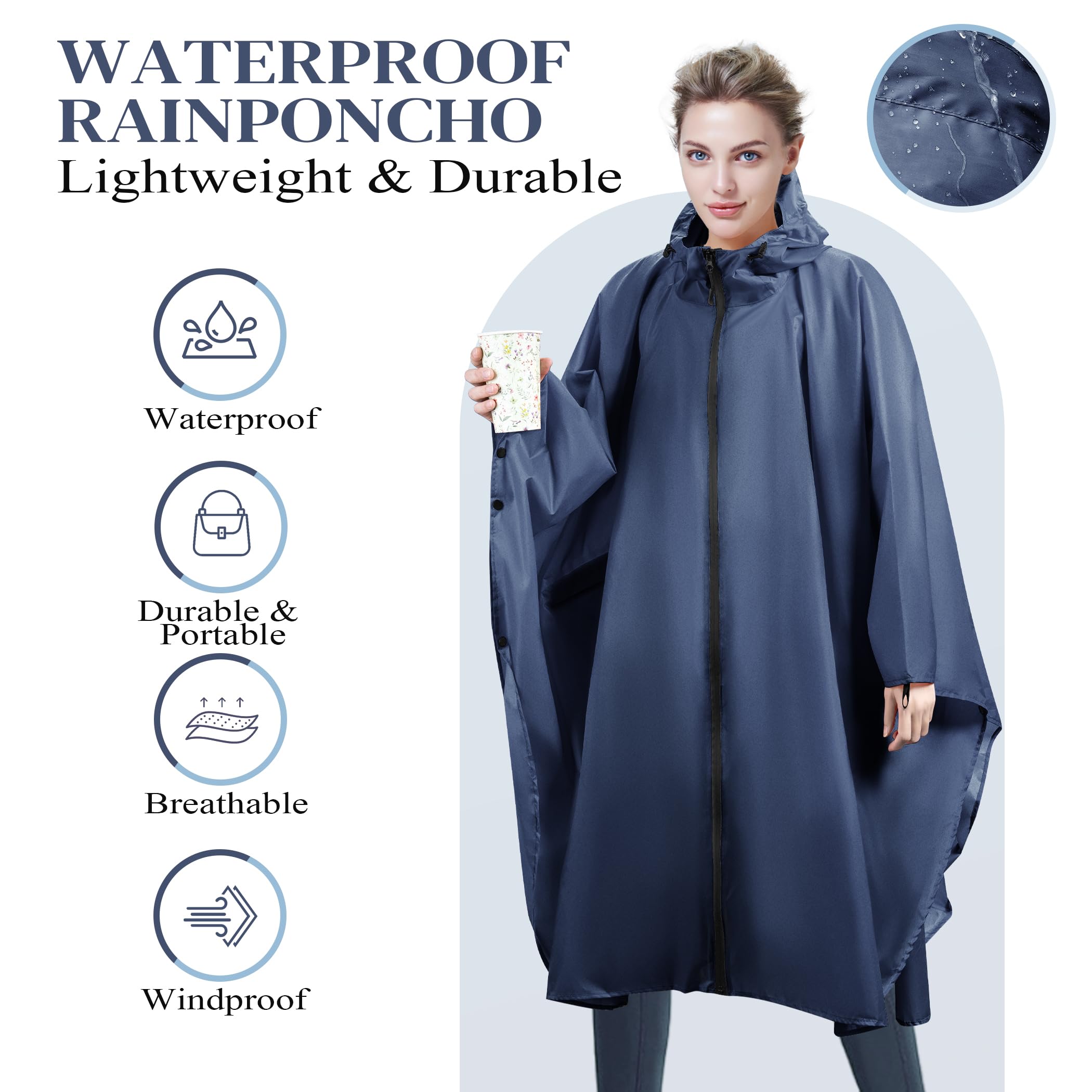 Poncho Impermeable Mujer Unisex Reusable con Capucha y Cremallera, Ligero y Resistente para Senderismo, Camping, Ciclismo y Actividades al Aire Libre