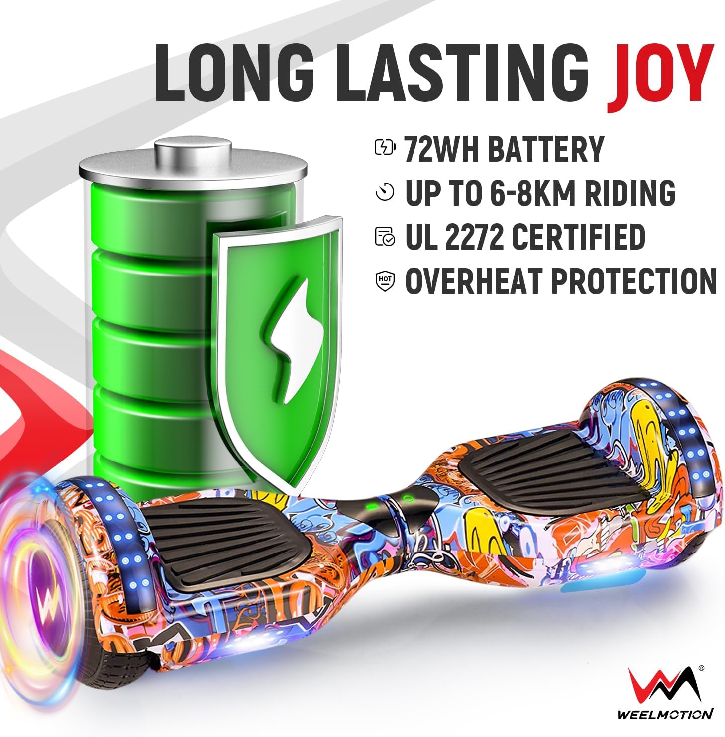 Graphic showing hoverboard battery and safety certifications.