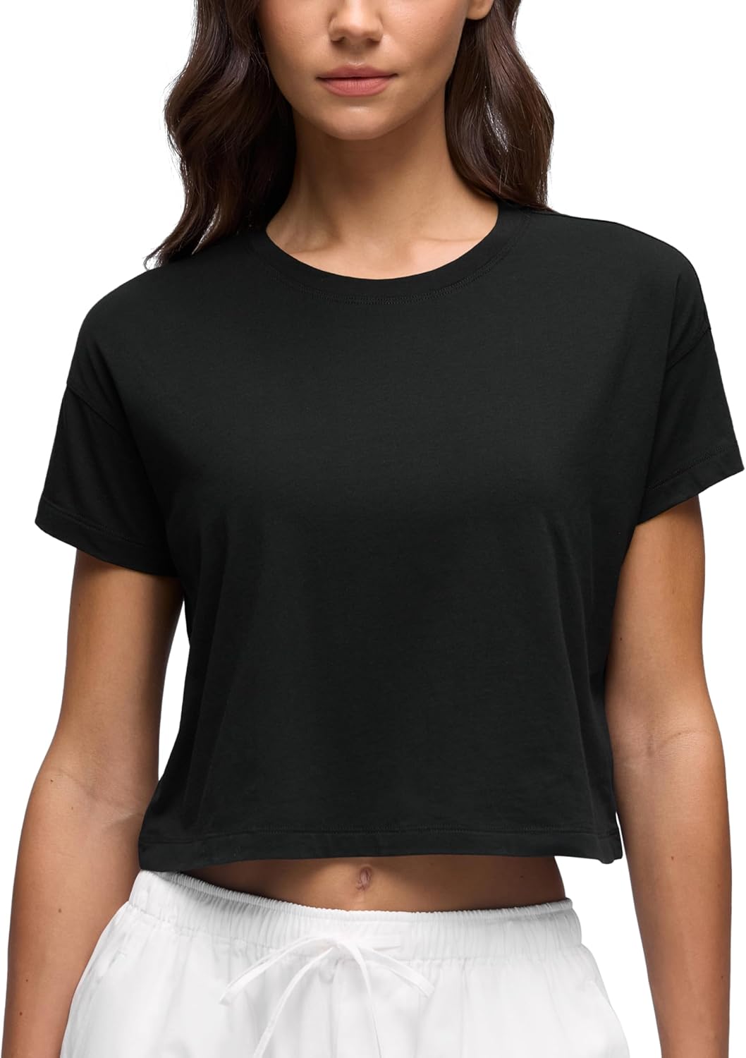 CRZ YOGA Pima Cotton Relaxed Crop T-Shirts for Women - Workout Athletic Gym Casual Short Sleeve Shirts Loose Crewneck Tops