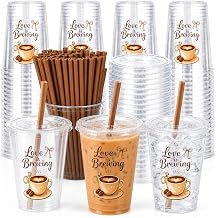 Love is Brewing Coffee Cups with Lids and Straws, 50 Pack 12 oz Plastic Iced Coffee Cups for Bridal Shower, Wedding, Engagement Party, Bachelorette Party, Coffee Bar Party Supplies
