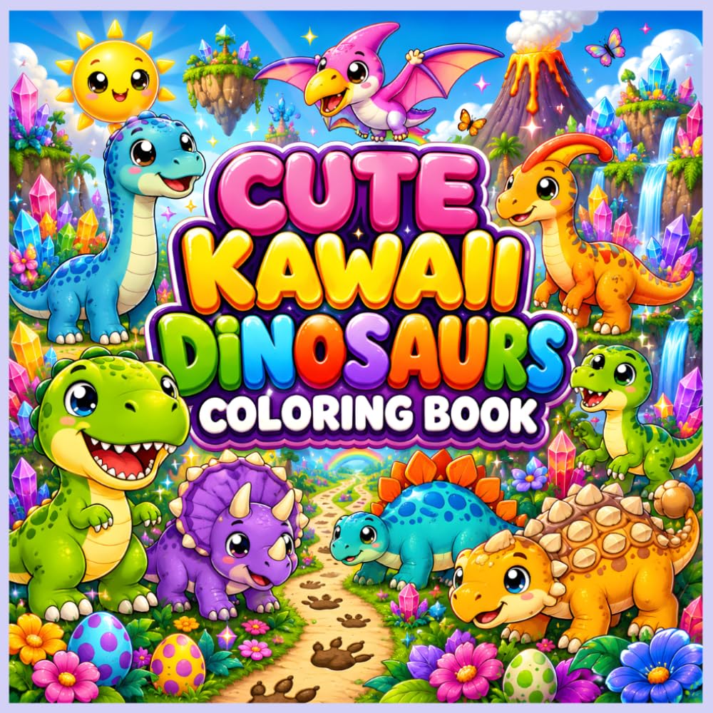 Cute Kawaii Dinosaurs Coloring Book: 30 Fun and Easy Coloring Pages for Toddlers and Kids Ages 3–8 Featuring Adorable Kawaii Dinosaurs