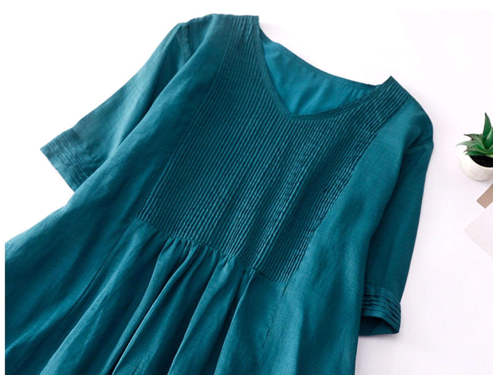 Vestido Midi Mujer Verano Manga Corta Cuello En v Casual Elegante Suelto Vestido Plisado Largo con Bolsillos