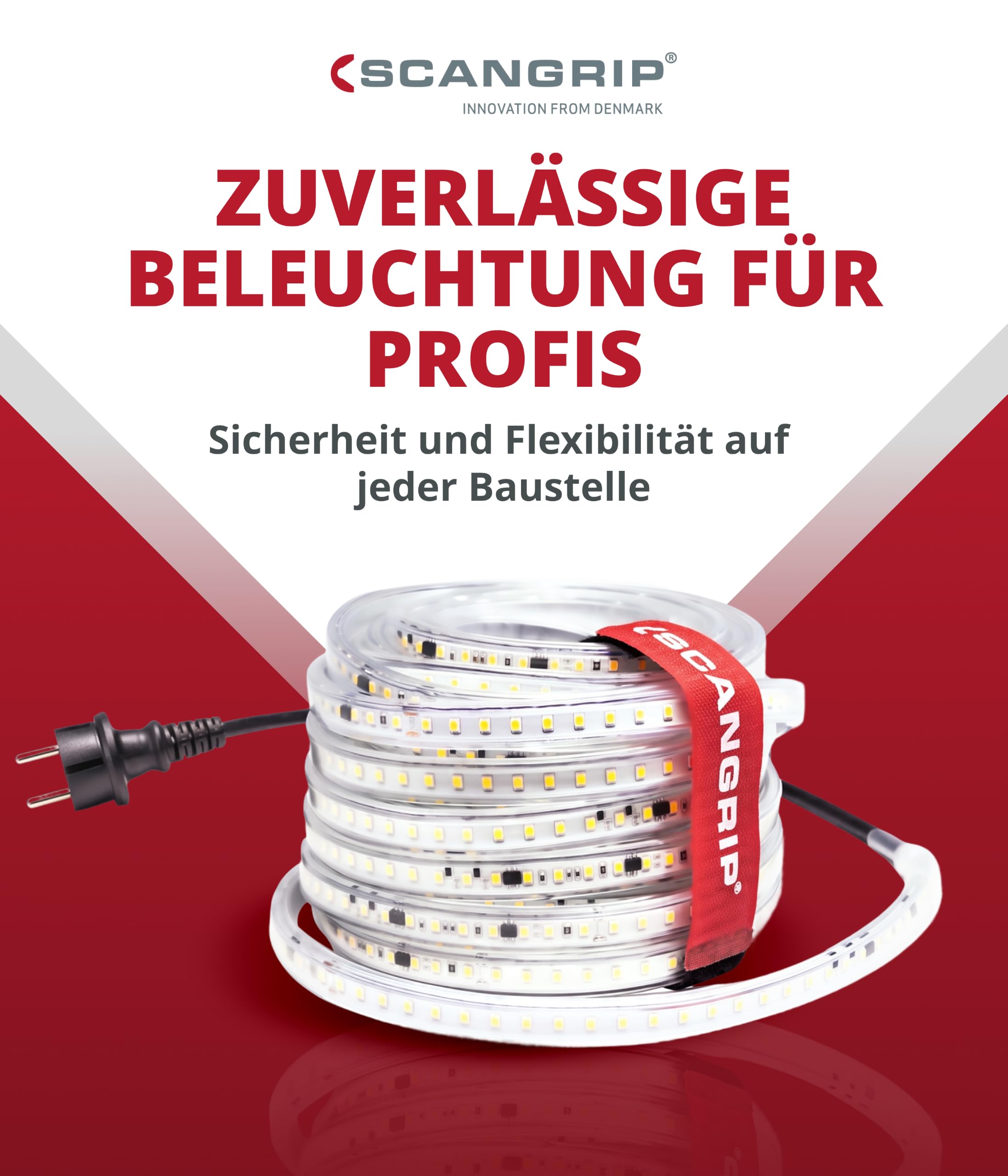 Scangrip® Rope Light, LED Lichtschlauch Baustelle 15m – 15000 Lumen, IP66, EMV-zertifiziert, TÜV geprüft, direkt anschließbar – Baustellenbeleuchtung & Lichtbandtrommel – für Profis