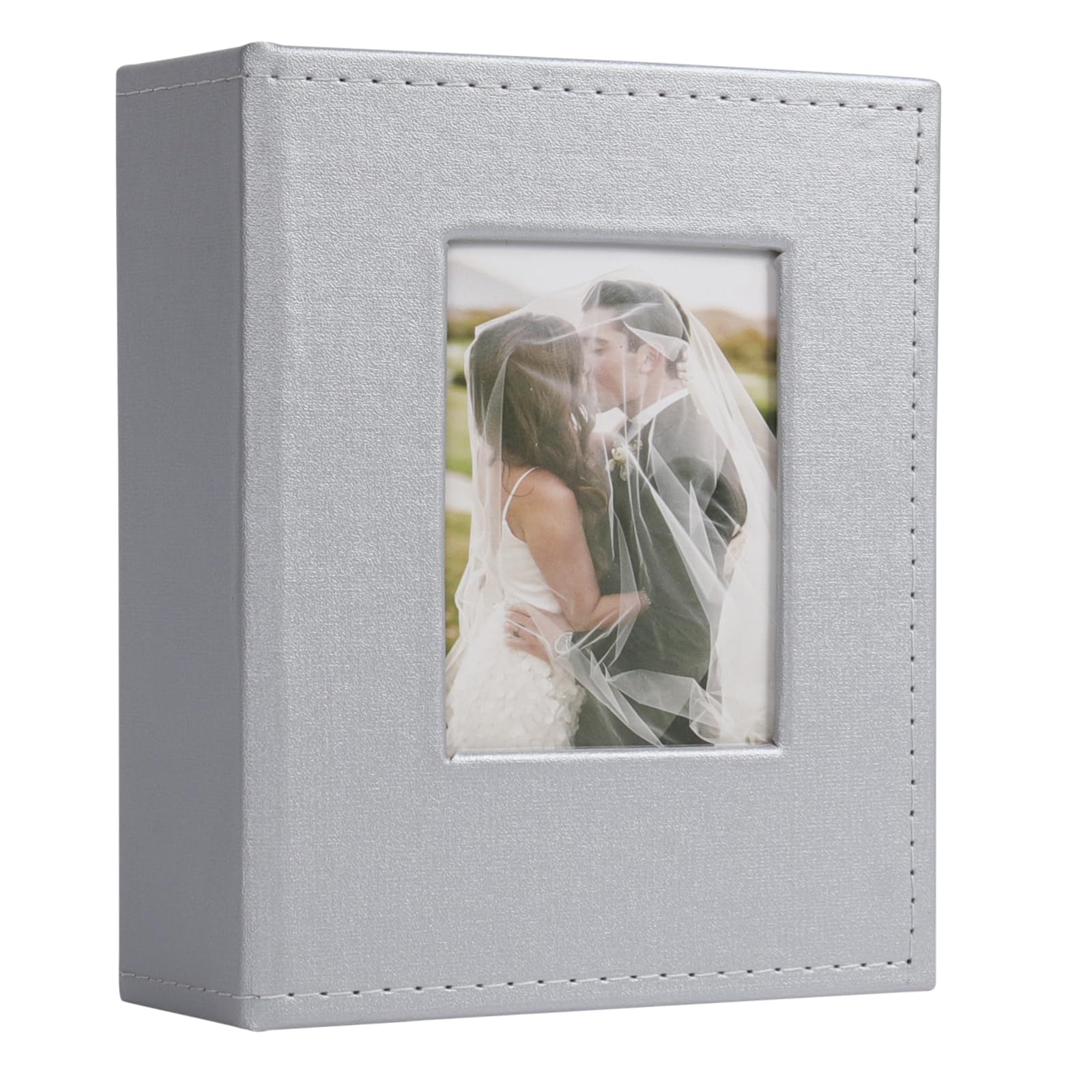 RECUTMS 200 Photo 4x6 PU Leather Cover Black Inner Page with Front Window, Small Photo Book for Baby Wedding Family (Silver)