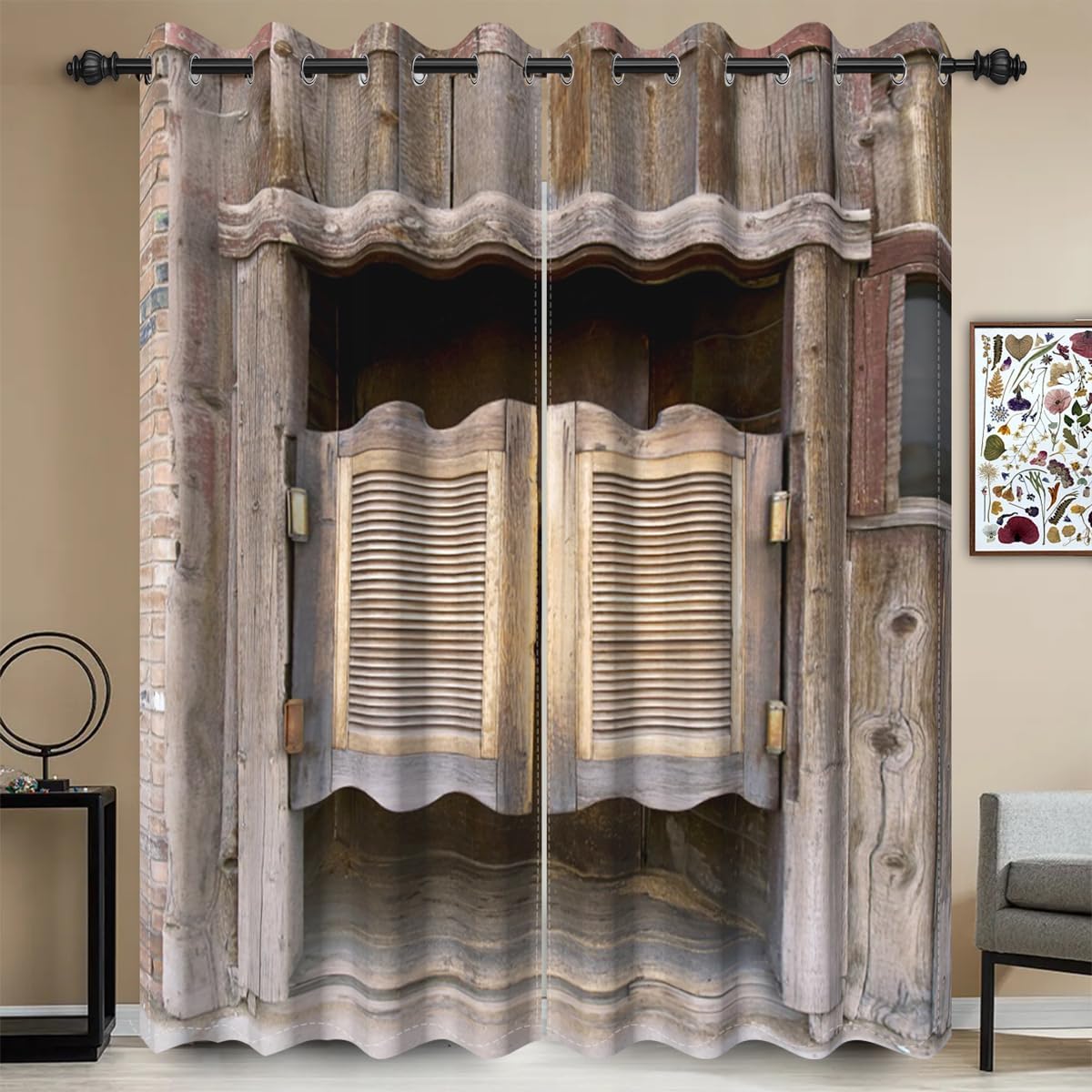 Rustic Wood Door Window Curtains Wild West Cowboy Bar Saloon Vintage Countryside Door Farmhouse Decor Window Drapes for Living Room Bedroom Set of 2 Panels, 42x84 Inch