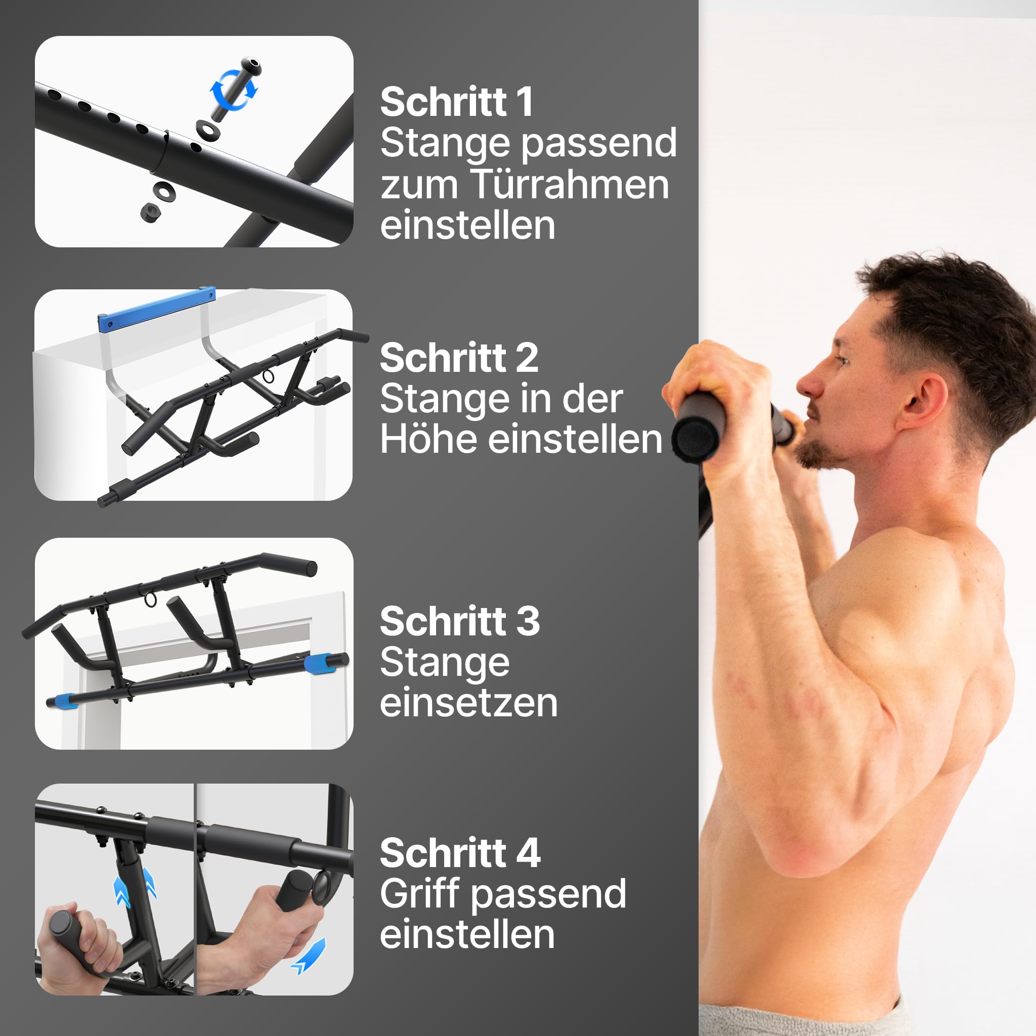 NEOLYMP Premium Klimmzugstange Türrahmen - Türreck mit einstellbarer Höhe, Breite & Tiefe 15–43 cm - Reckstange mit 150 kg Tragkraft - Pull-up Bar ohne Schrauben, einfach in Türrahmen einhängen