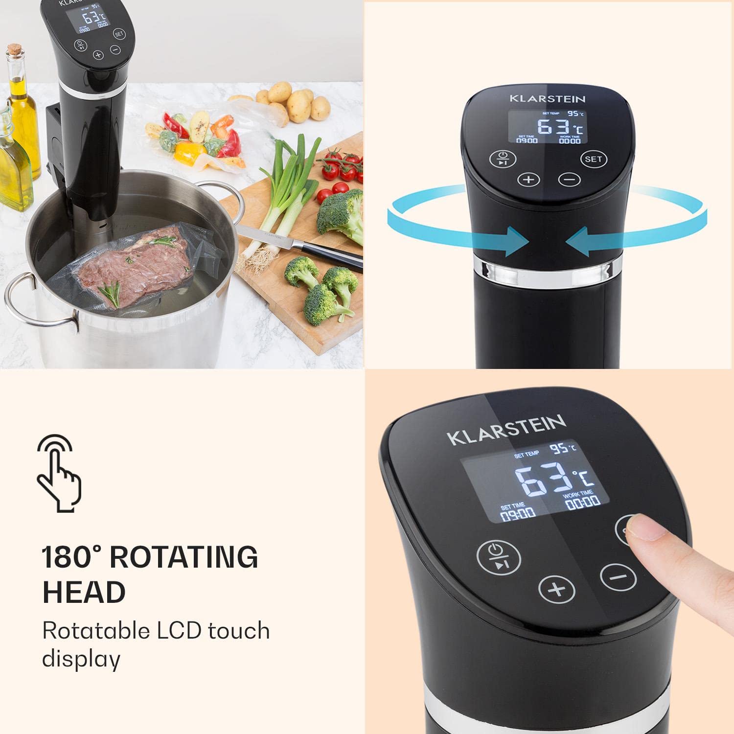 Klarstein Quickstick- Sous-Vide Garer, Präzisionskochtopf, Schongarer, 1300 Watt, Timerfunktion, 3D Circulating, 0-95 °C, LCD Touch-Display, wasserdicht, bis 20 Liter, flex schwarz