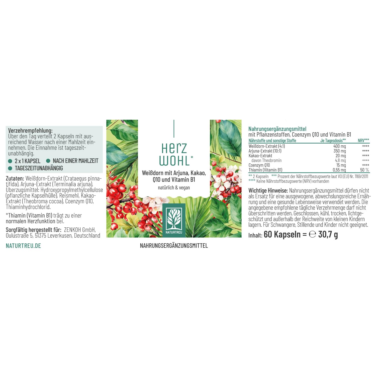 NATURTREU® Herzwohl mit hochdosiertem Weißdorn, Arjuna & Coenzym Q10 - Natürliche Alternative zu herkömmlichen Venenkapseln