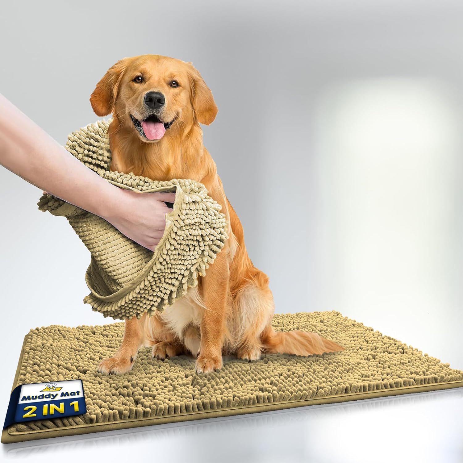 Muddy Mat® 2-in-1 Set: AS-SEEN-ON-TV Beige Microfiber Door Mat (30"X19") & Doggy Dryer Plush Shammy Towel - Non-Slip, Washable & Highly Absorbent Solutions for Soggy Paws & Clean Floors