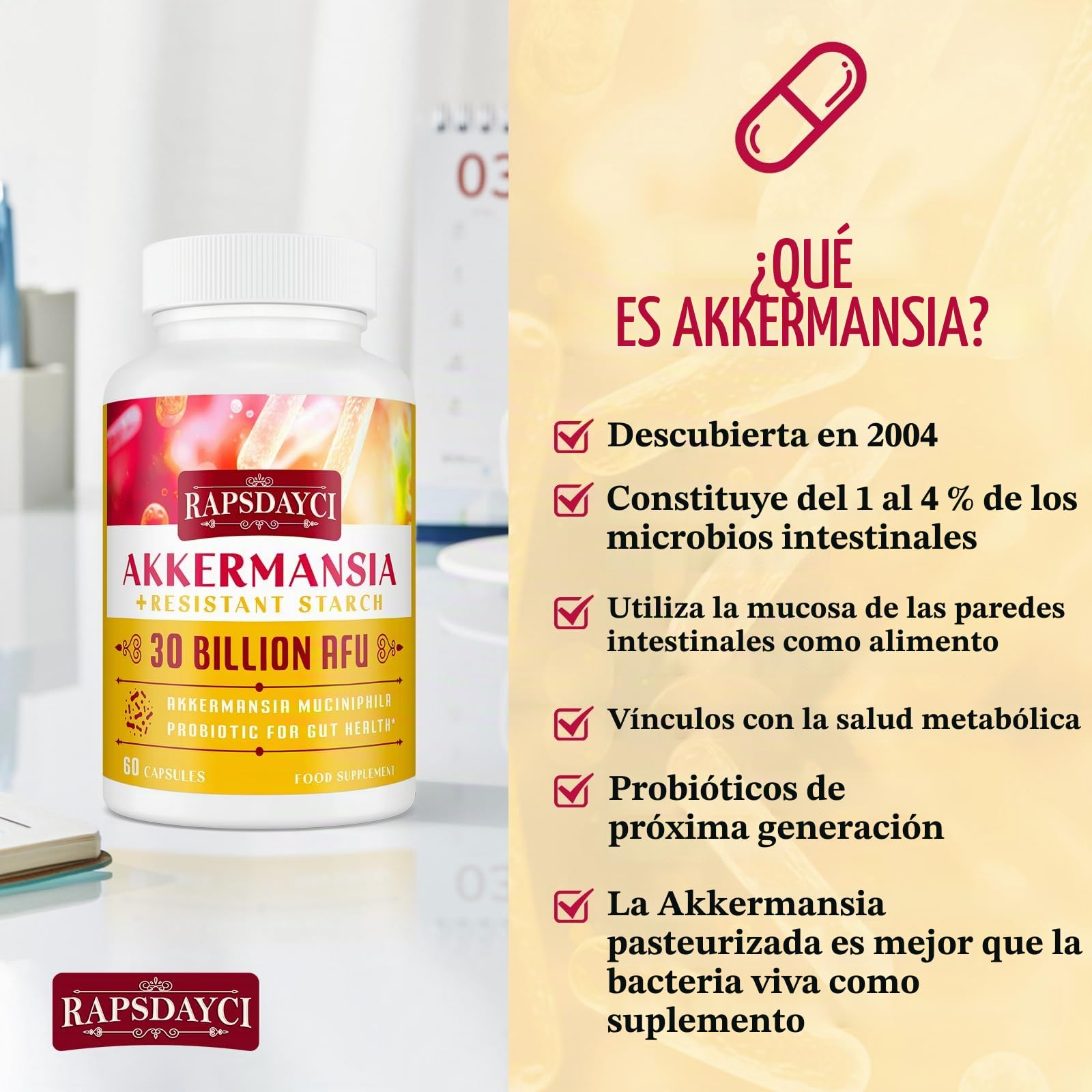 30 mil millones de AFU Akkermansia Muciniphila probiótico, una Akkermansia viva para Mujeres & Hombres, Suplementos para la salud Digestiva y Intestinal