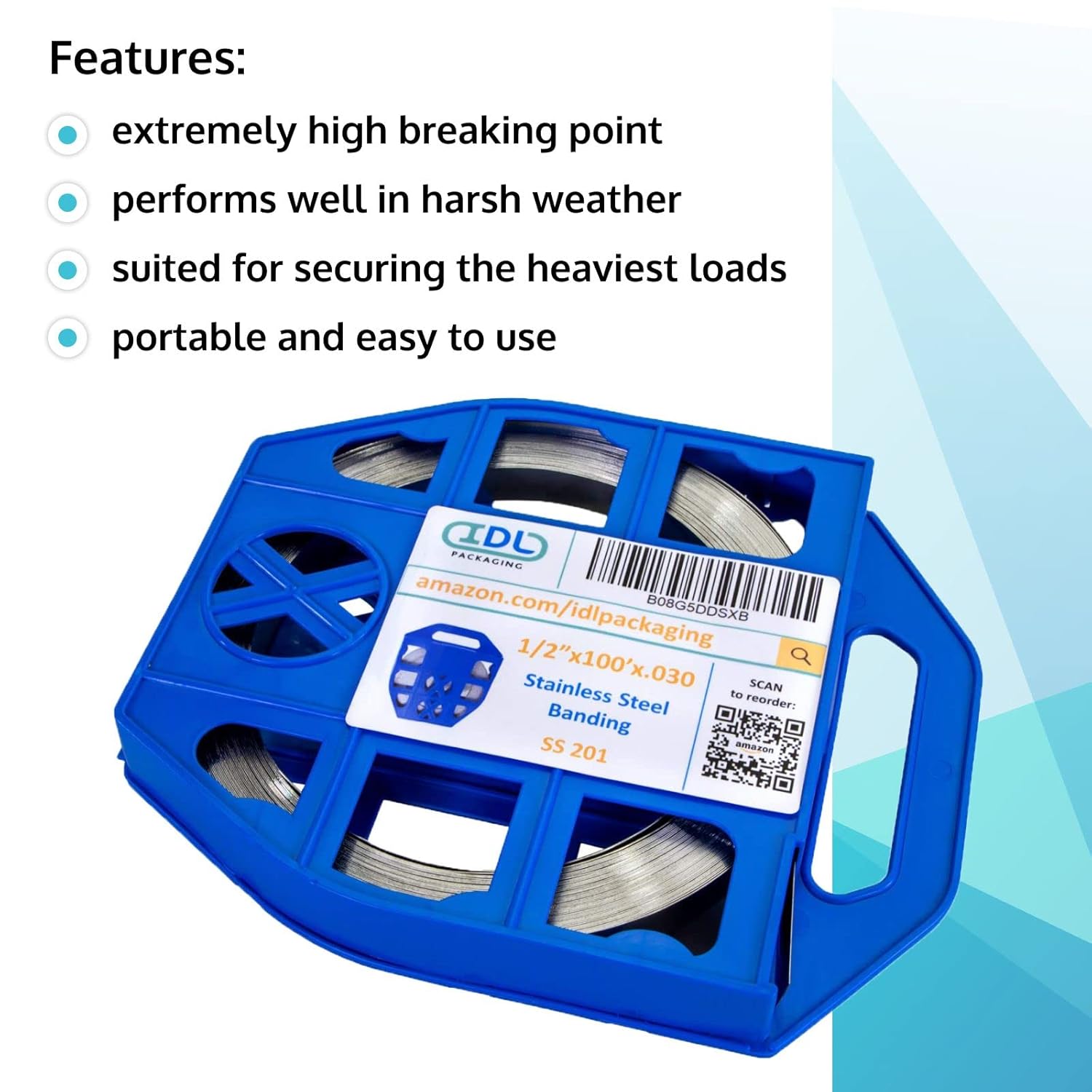 IDL Packaging 1/2" x 100' x .030" Stainless Steel 201 Banding in Plastic Self-Dispensed Case - Highest Break Strength and Shock Resistance Banding - Excellent for Extra Cold Environments