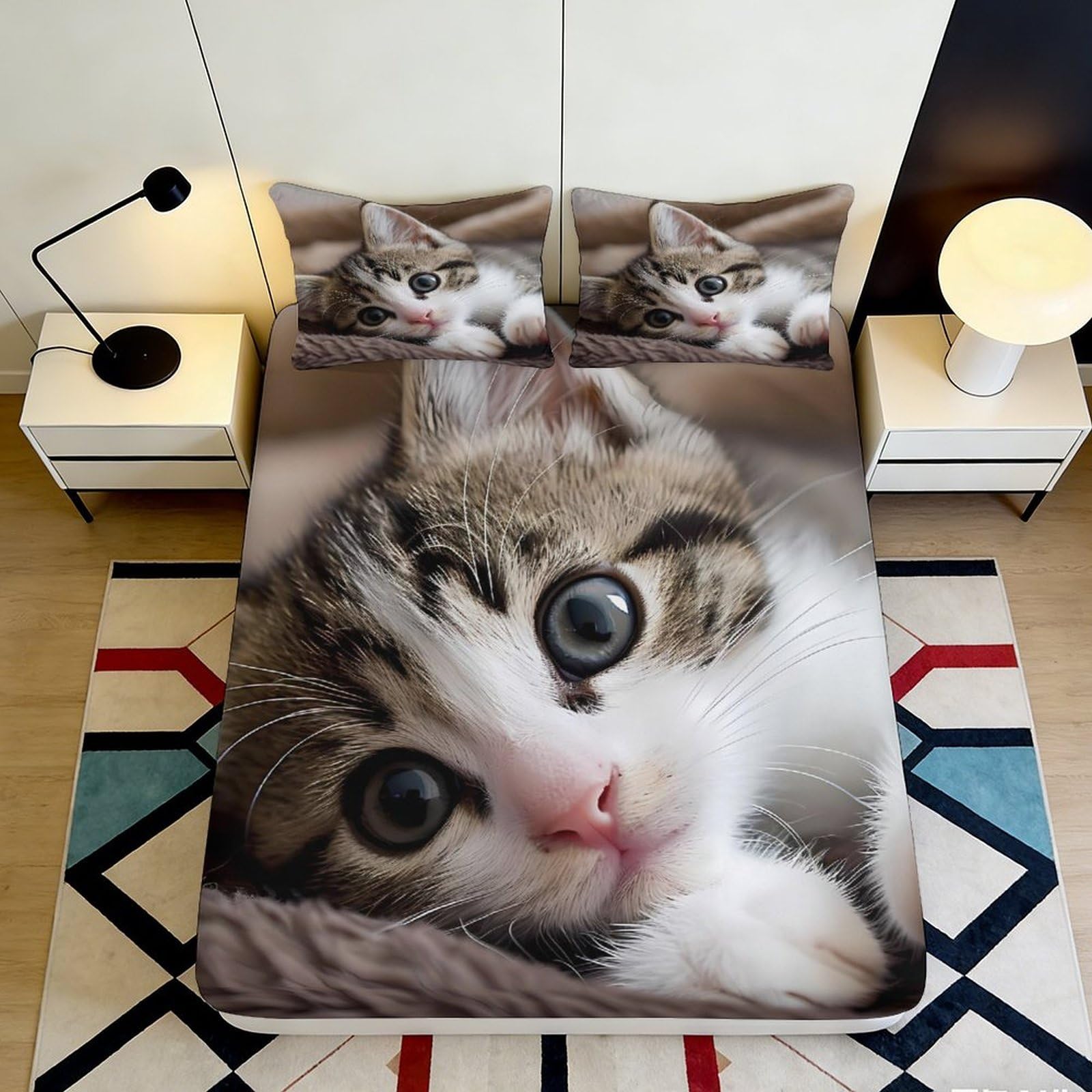 3D Printed Cute Kitten Fitted Sheet Microfiber Soft Anti-Slip Cat Face Bed Cover for Bedroom Guest Room Decor 160x200x25cm