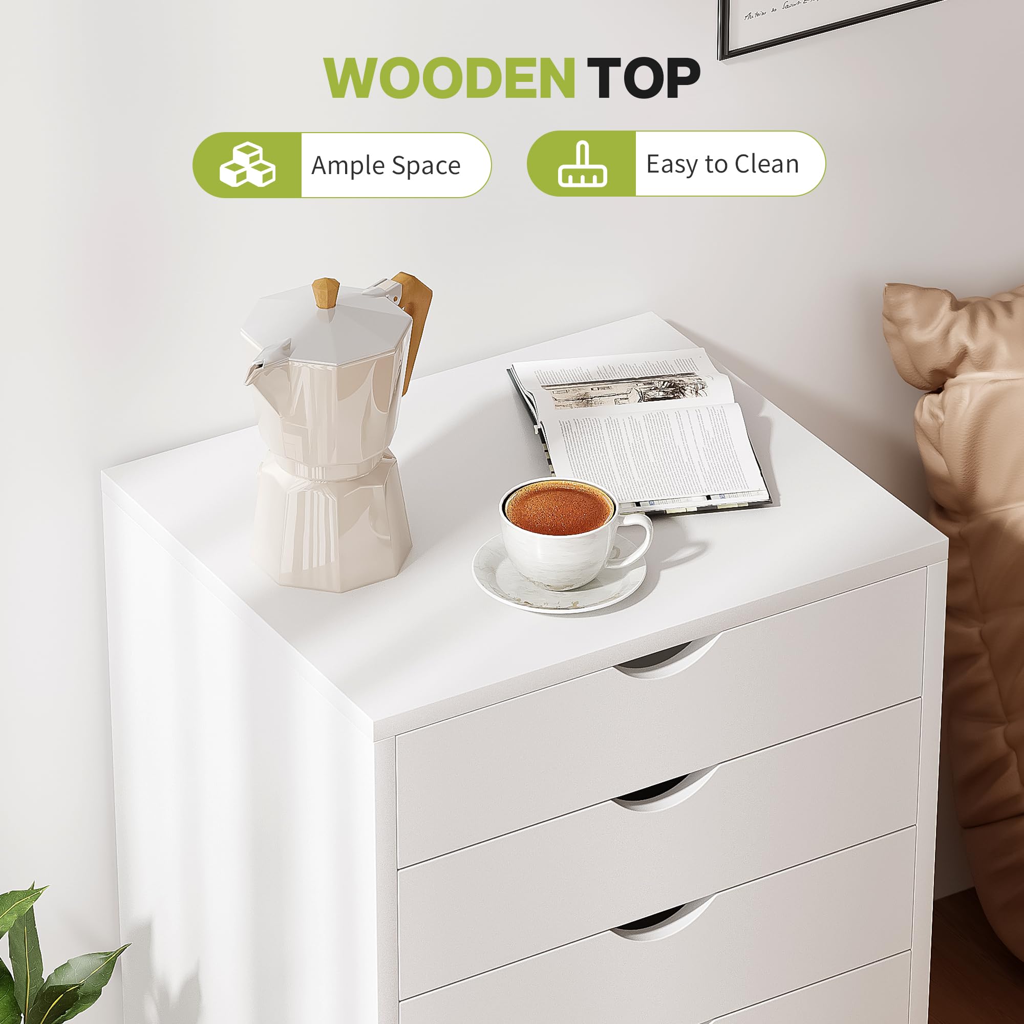 5 Drawer Mobile File Cabinet Under Desk Storage Organization with Wheels Vertical Filing Chest Rolling Wood Small Desk Printer Stand for Home Office, White