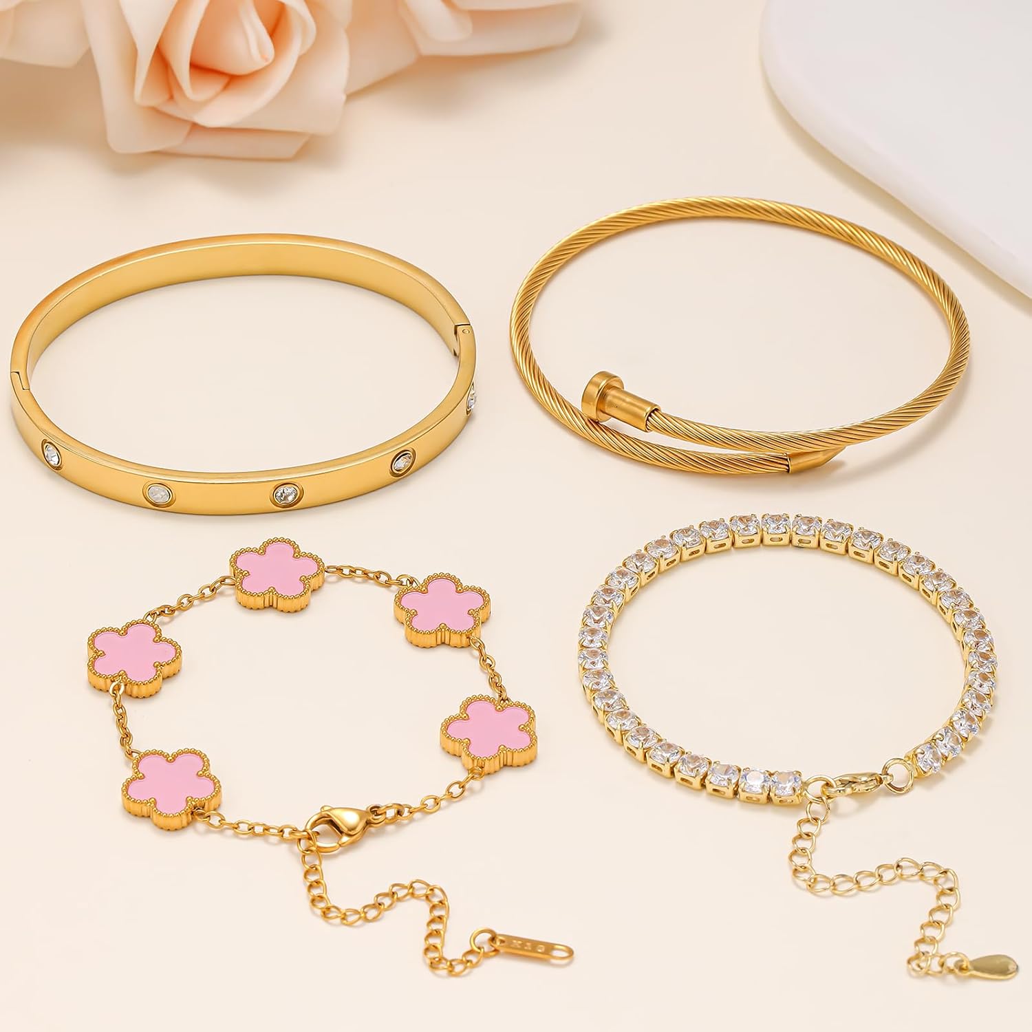 Gold Bracelets for Women, 18K Gold Plated Women Tennis Bracelets Clover Nail Love Bangle Bracelet Set, Gold Bracelet Stackable Set Trendy Jewelry, Gifts for Women's Day and Mother's Day - Image 7