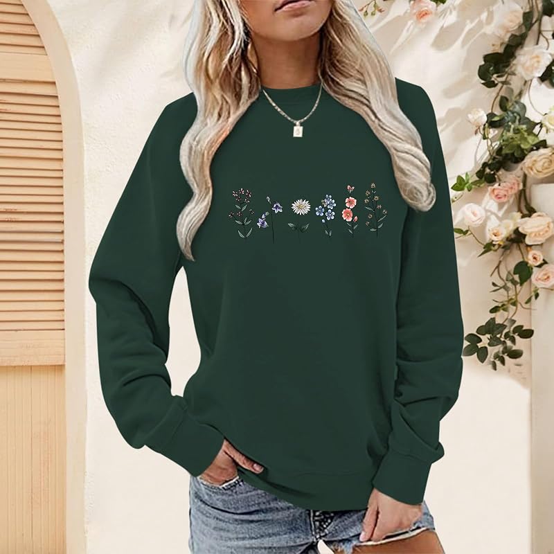 Lytiarul Flower Graphic Sweatshirt for Women Floral Printed Vintage Long Sleeves Shirt Crewneck Hoodie Loose Pullovers Tops(Green,XL) image 3