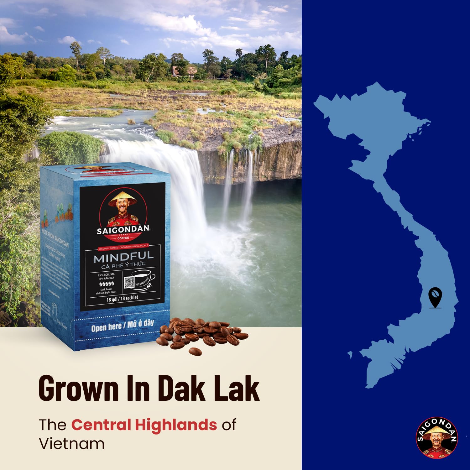 Mindful Pour Over Vietnamese Coffee – Saigondan Single Serve Coffee Sachets | Dark Roast 85% Robusta, 15% Arabica | Instant Specialty Coffee for Travel & Camping | Vietnam Style Roast (18 Sachets)